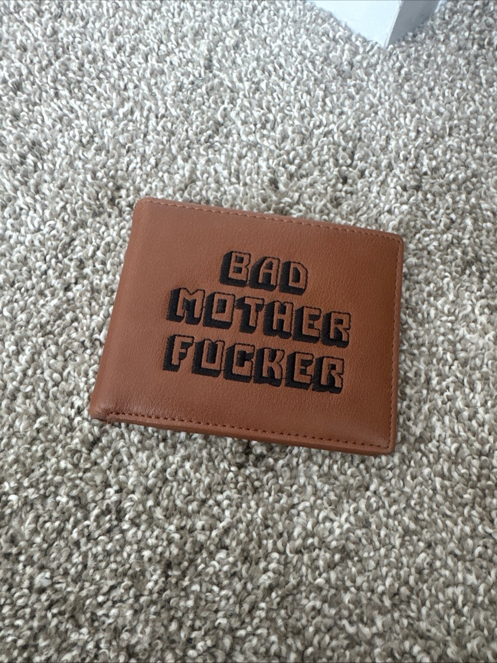 Brown Leather Bi-Fold Wallet with Bold Embroidered Text Bad mother pulp fiction